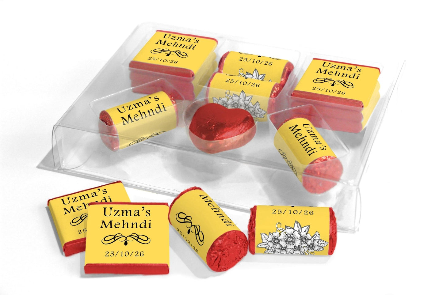 Mehndi Wedding Large Combo Box - Personalised Favours - Neapolitan Chocolates/Heart/Love Heart Sweets - V1 Yellow - Personalise4uLtd