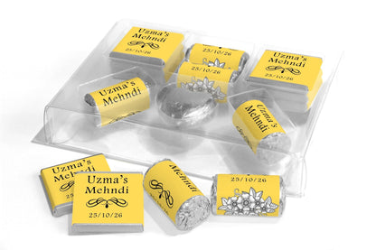 Mehndi Wedding Large Combo Box - Personalised Favours - Neapolitan Chocolates/Heart/Love Heart Sweets - V1 Yellow - Personalise4uLtd