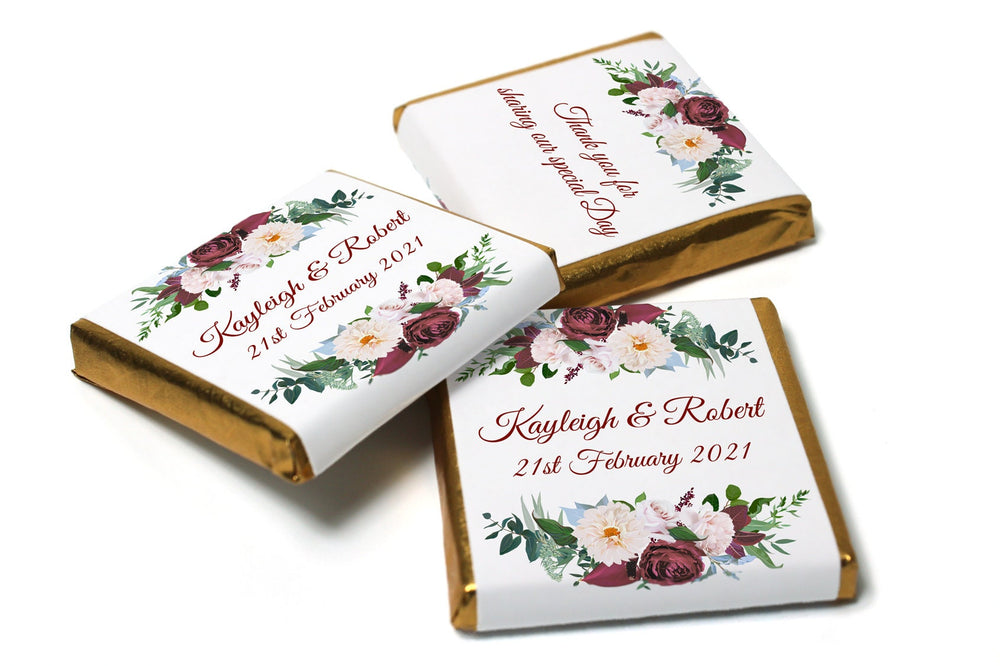 Elegant floral chocolates designed as personalised Neapolitan wedding favours.