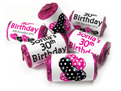 Birthday Gifts - Personalised Favours - Love Heart Sweets with Inner Foil choices - Pink or Black text with Birthday Age