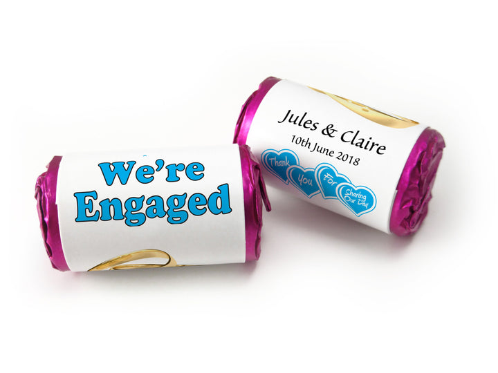 Engaged Sweets - Personalised Engagement Favours - Love Heart Sweets with Inner Foil choices-  Gold Rings / Blue Text - V0