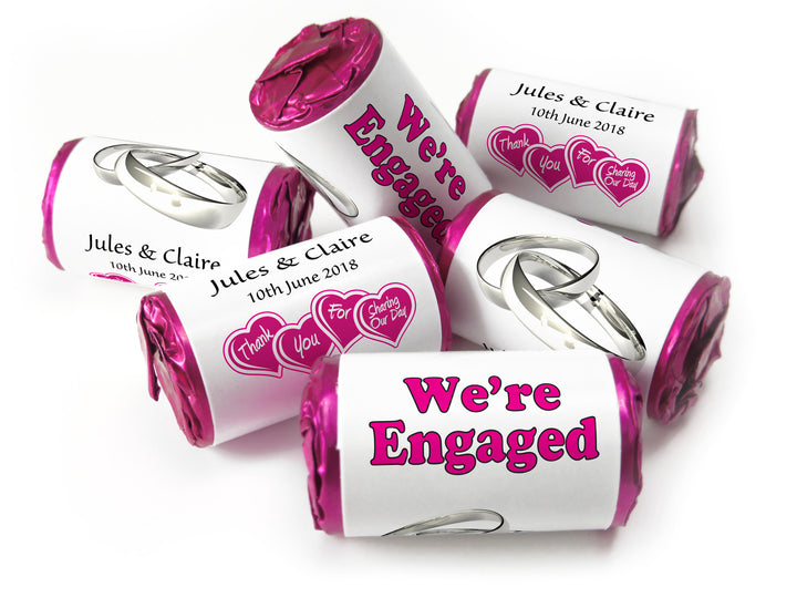 Engaged Sweets - Personalised Engagement Favours - Love Heart Sweets with Inner Foil choices - Silver Rings / Pink Text - V0