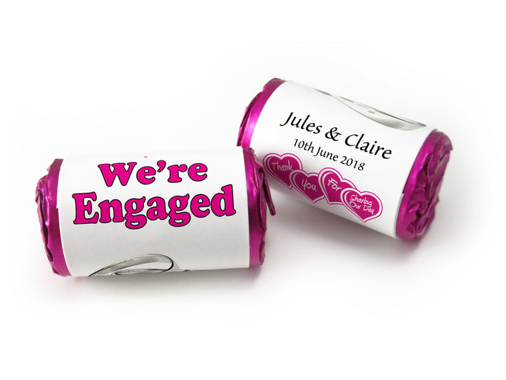 Engaged Sweets - Personalised Engagement Favours - Love Heart Sweets with Inner Foil choices - Silver Rings / Pink Text - V0