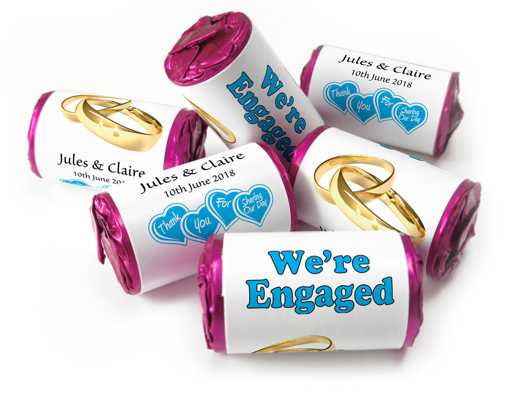 Engaged Sweets - Personalised Engagement Favours - Love Heart Sweets with Inner Foil choices-  Gold Rings / Blue Text - V0