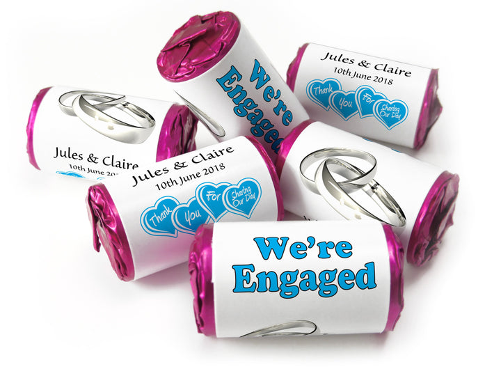 Engaged Sweets - Personalised Engagement Favours - Love Heart Sweets with Inner Foil choices - Silver Rings / Blue Text - V0