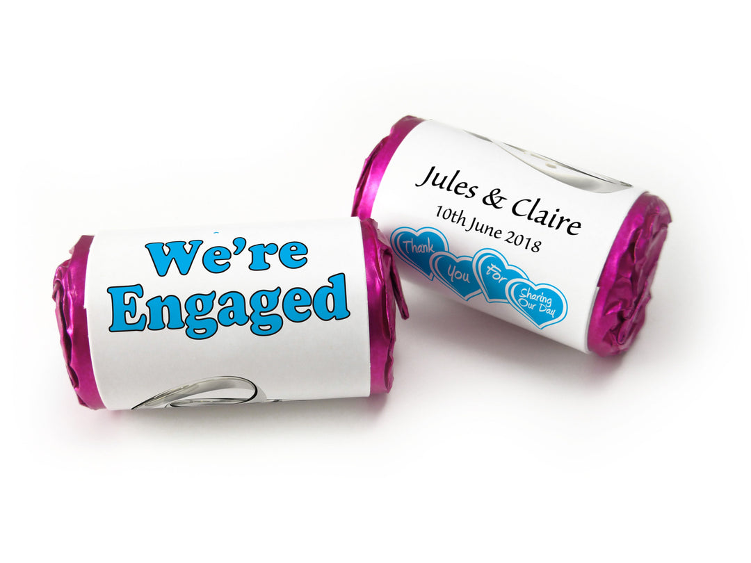 Engaged Sweets - Personalised Engagement Favours - Love Heart Sweets with Inner Foil choices - Silver Rings / Blue Text - V0