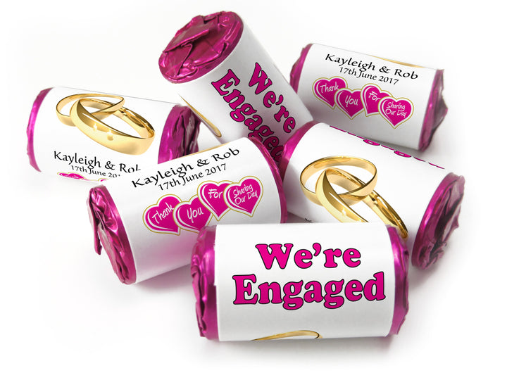 Engaged Sweets - Personalised Engagement Favours - Love Heart Sweets with Inner Foil choices - Gold Rings / Pink Text - V0