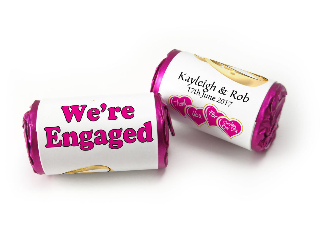 Engaged Sweets - Personalised Engagement Favours - Love Heart Sweets with Inner Foil choices - Gold Rings / Pink Text - V0