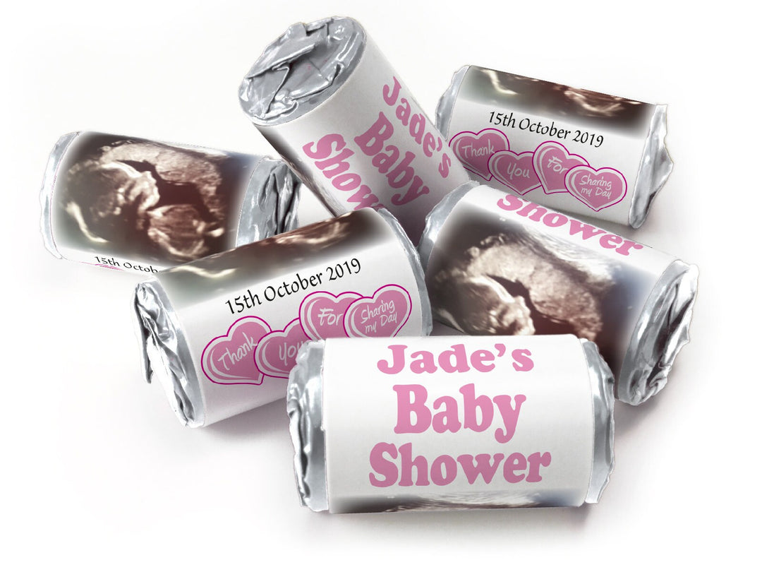 Baby Shower Sweets - Personalised Favours - Love Heart Sweets with Inner Foil choices, Pink Scan - V0