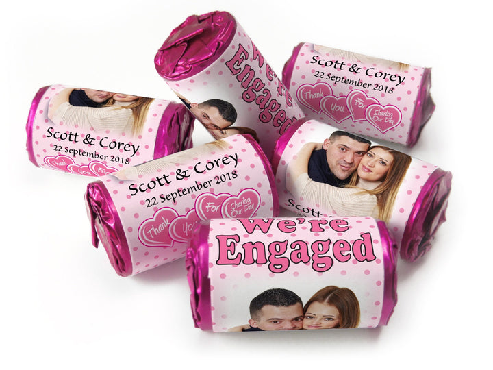 Engaged Sweets - Personalised Engagement Favours - Love Heart Sweets with Inner Foil choices - Spotty Pink with Image