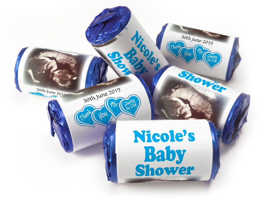 Baby Shower Sweets - Personalised Favours - Love Heart Sweets with Inner Foil choices, Blue Scan - V0