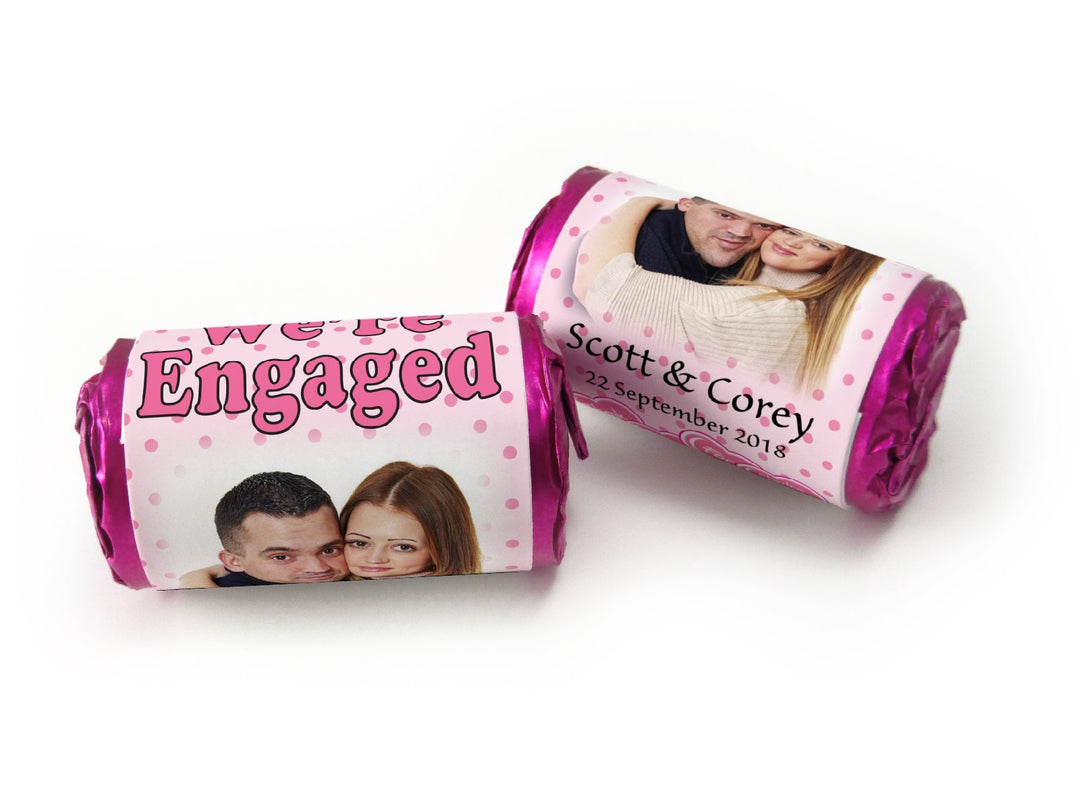 Engaged Sweets - Personalised Engagement Favours - Love Heart Sweets with Inner Foil choices - Spotty Pink with Image