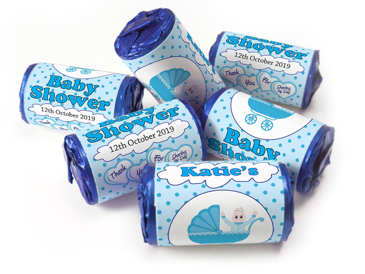 Baby Shower Sweets - Personalised Favours - Love Heart Sweets with Inner Foil choices, Spotty Blue - V2