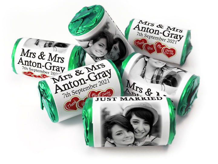 Wedding Sweets - Personalised Wedding Favours - Love Heart Sweets with Inner Foil choices, Mrs & Mrs with image - V3