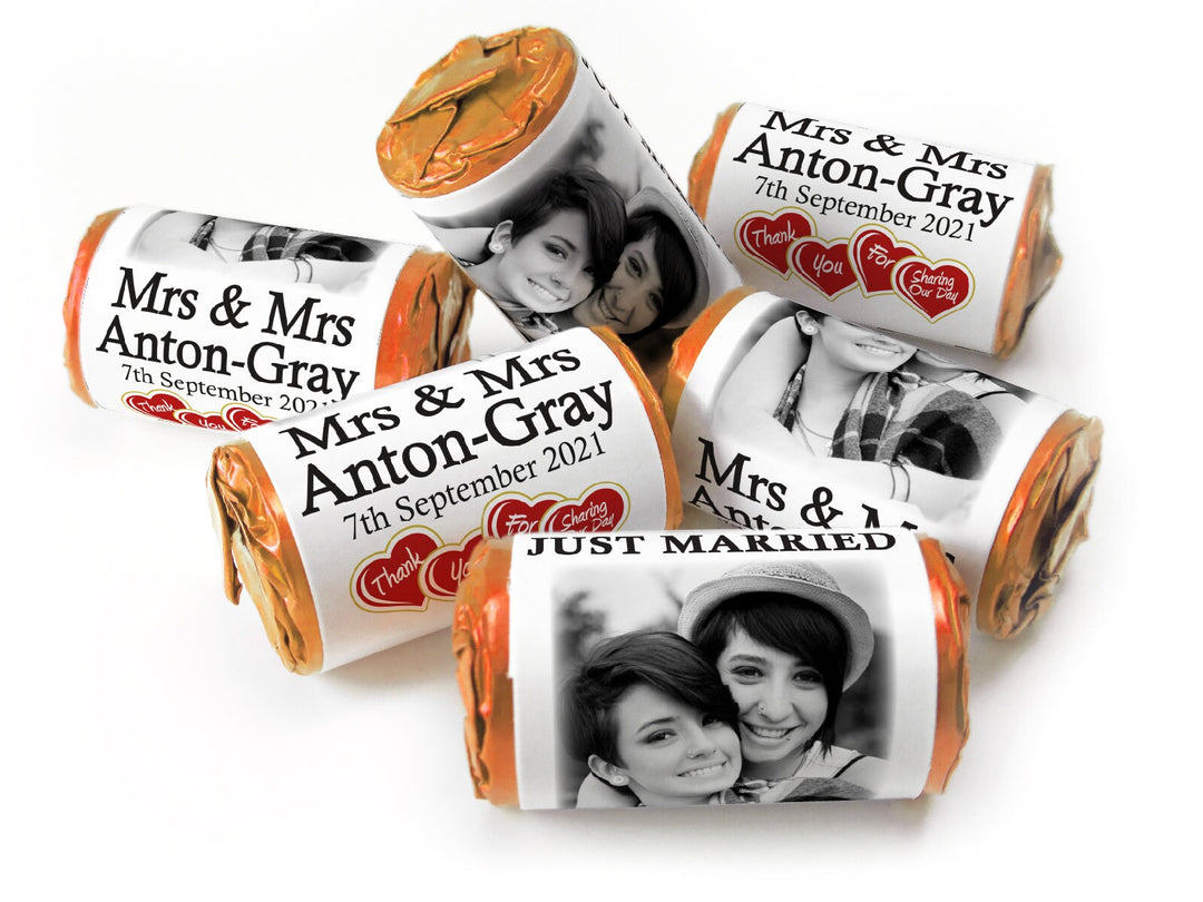 Wedding Sweets - Personalised Wedding Favours - Love Heart Sweets with Inner Foil choices, Mrs & Mrs with image - V3