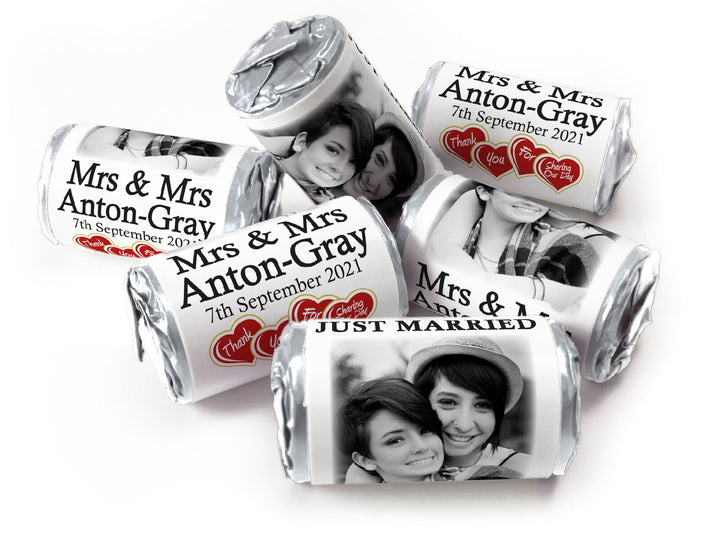 Wedding Sweets - Personalised Wedding Favours - Love Heart Sweets with Inner Foil choices, Mrs & Mrs with image - V3