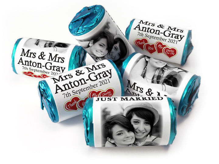 Wedding Sweets - Personalised Wedding Favours - Love Heart Sweets with Inner Foil choices, Mrs & Mrs with image - V3