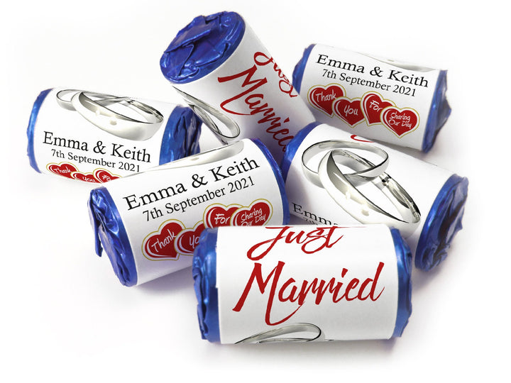 Wedding Sweets - Personalised Wedding Favours - Love Heart Sweets with Inner Foil choice, Silver Rings. Foil Choices - V11