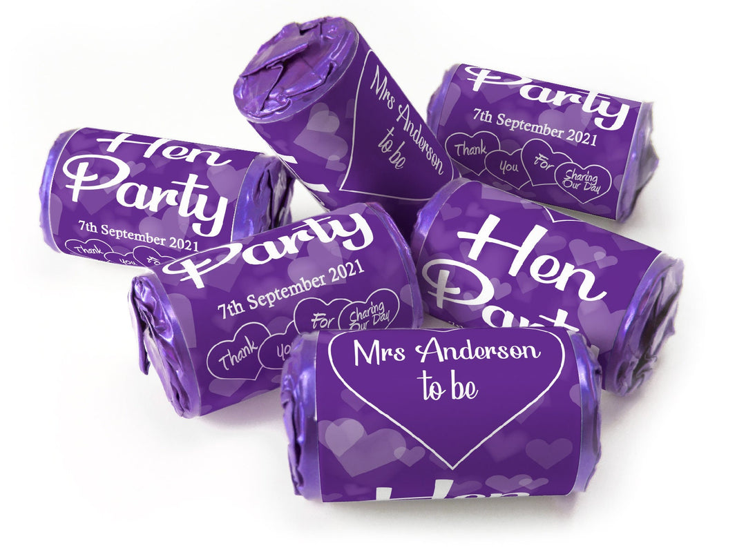 Hen Party Sweets - Personalised Favours - Love Heart Sweets with Matching Colour Foil Choices - V1