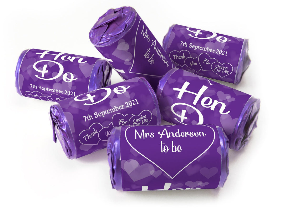 Hen Do Sweets - Personalised Favours - Love Heart Sweets with Matching Colour Foil Choices - V1