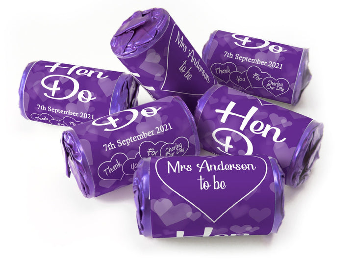 Hen Do Sweets - Personalised Favours - Love Heart Sweets with Matching Colour Foil Choices - V1