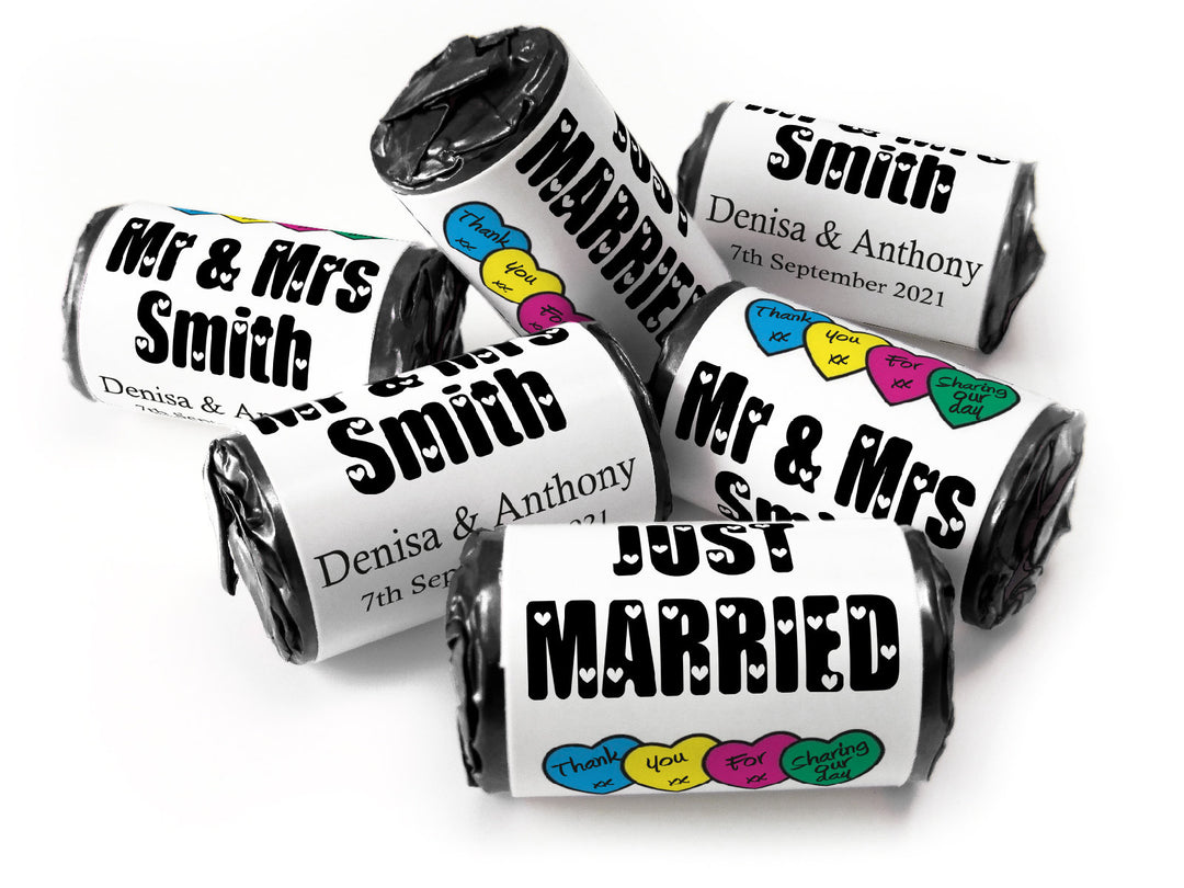 Wedding Sweets - Personalised Wedding Favours - Love Heart Sweets with Inner Foil choices - Black Text - V7