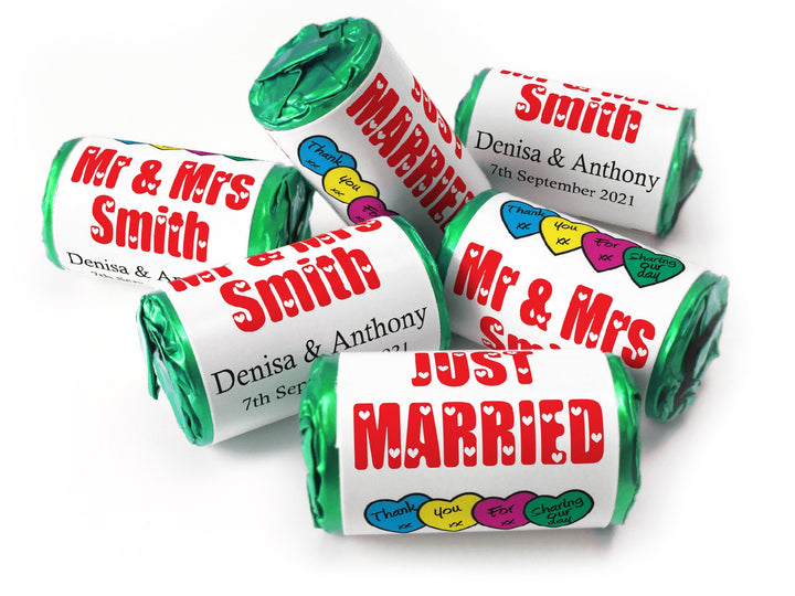 Wedding Sweets - Personalised Wedding Favours - Love Heart Sweets with Inner Foil choices, Red Text, Foil Choices - V7