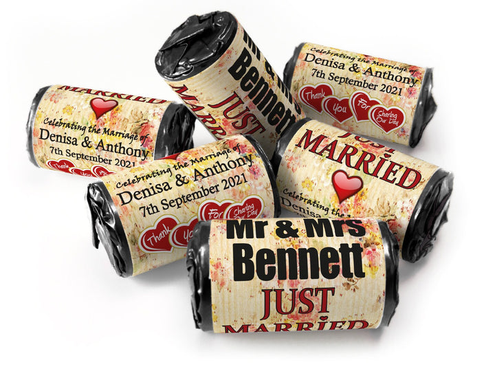 Wedding Sweets - Personalised Wedding Favours - Love Heart Sweets with Inner Foil choices, Vintage, Foil Choices - V2