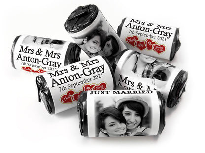 Wedding Sweets - Personalised Wedding Favours - Love Heart Sweets with Inner Foil choices, Mrs & Mrs with image - V3