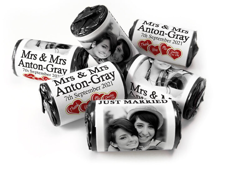 Wedding Sweets - Personalised Wedding Favours - Love Heart Sweets with Inner Foil choices, Mrs & Mrs with image - V3