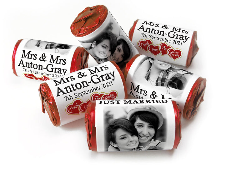 Wedding Sweets - Personalised Wedding Favours - Love Heart Sweets with Inner Foil choices, Mrs & Mrs with image - V3