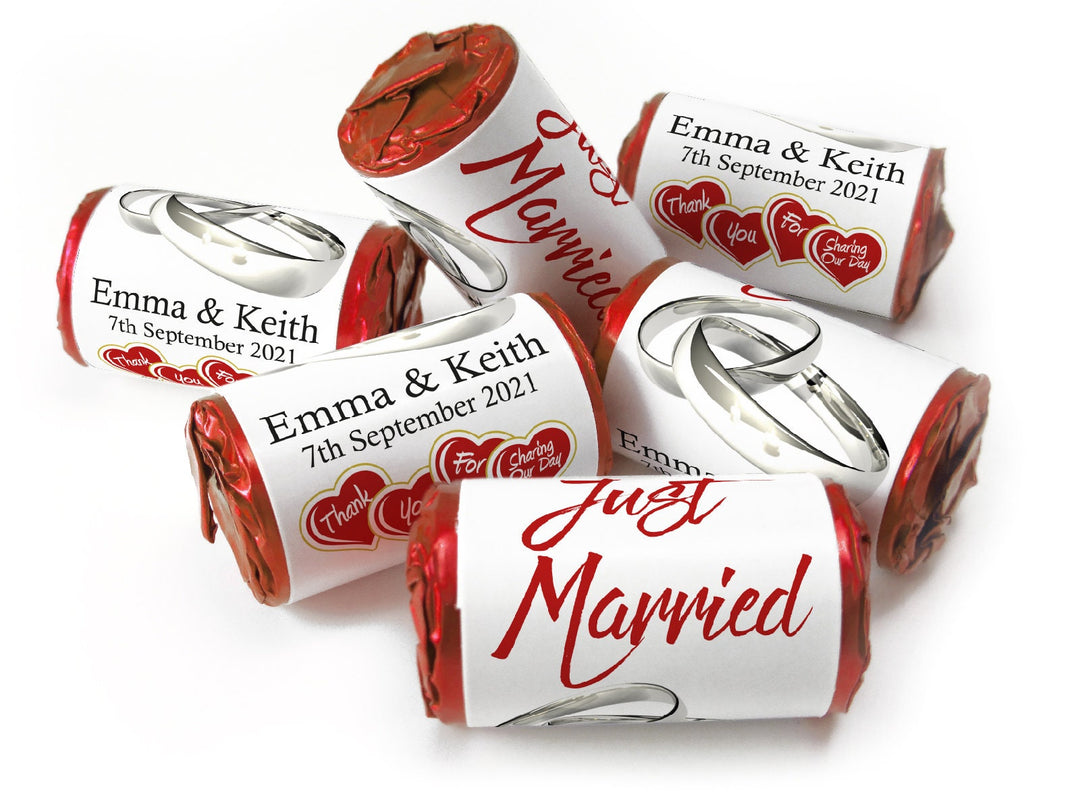 Wedding Sweets - Personalised Wedding Favours - Love Heart Sweets with Inner Foil choice, Silver Rings. Foil Choices - V11