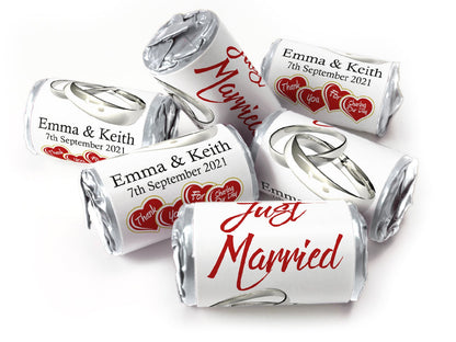 Wedding Sweets - Personalised Wedding Favours - Love Heart Sweets with Inner Foil choice, Silver Rings. Foil Choices - V11