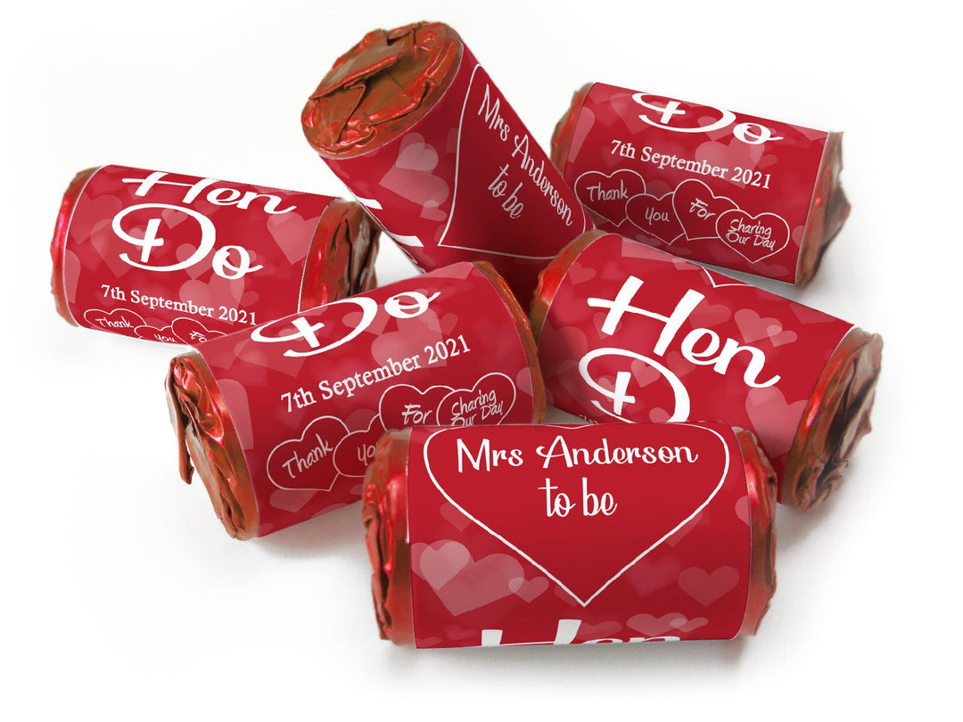 Hen Do Sweets - Personalised Favours - Love Heart Sweets with Matching Colour Foil Choices - V1