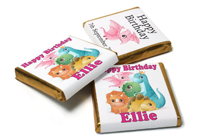 Birthday Gifts - Personalised Favours - Neapolitan Chocolates - Dinosaur - Pink Text - V0