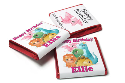 Birthday Gifts - Personalised Favours - Neapolitan Chocolates - Dinosaur - Pink Text - V0