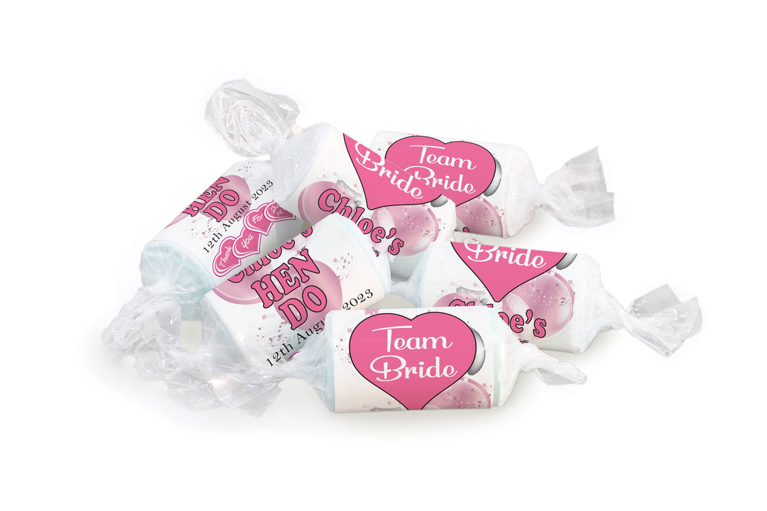 Hen Sweets - Personalised Favours - Love Heart Sweets, Team Bride - Clear ends - V3