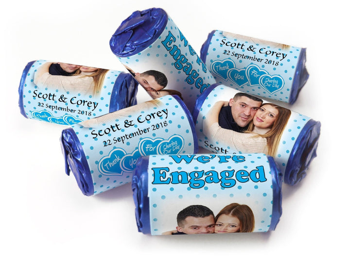 Engaged sweets - personalised engagement favours - Love Heart Sweets with Inner Foil choices - With Image