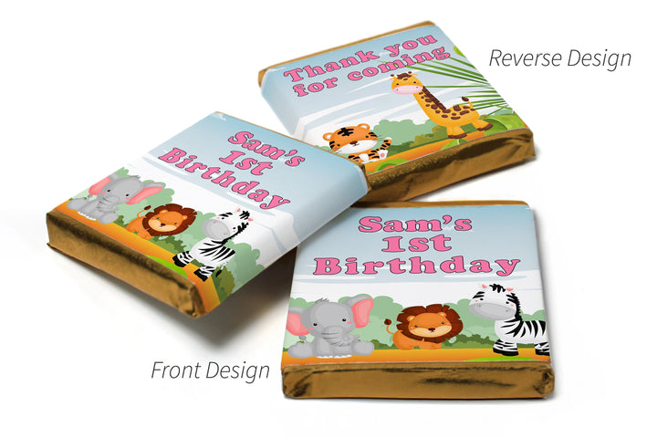 Birthday Chocolates - Personalised Favours - Neapolitan Chocolates - Jungle - Pink Text with Age V0