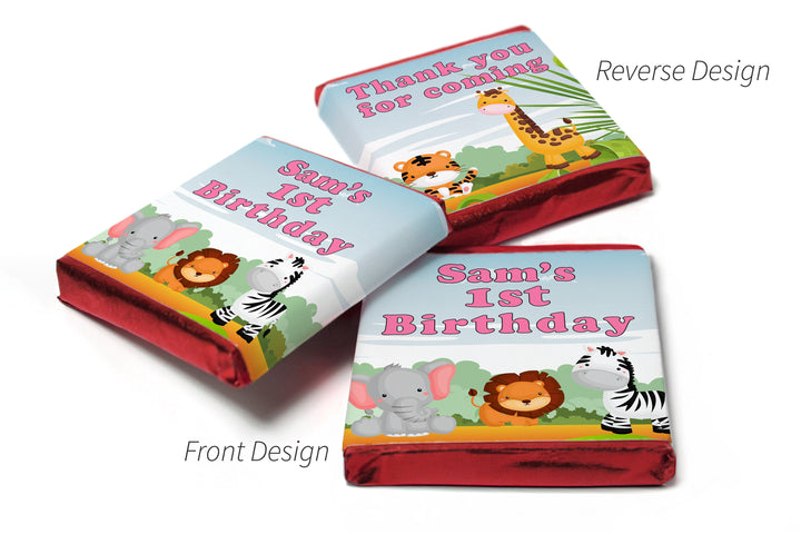 Birthday Chocolates - Personalised Favours - Neapolitan Chocolates - Jungle - Pink Text with Age V0