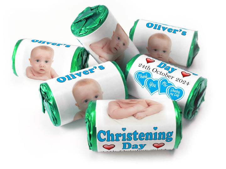 Christening Favours, Personalised Love Heart Sweets with Inner Foil choices - Boy with your image - V0