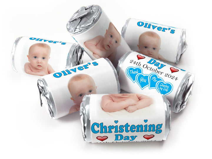 Christening Favours, Personalised Love Heart Sweets with Inner Foil choices - Boy with your image - V0