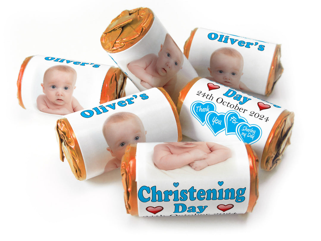 Christening Favours, Personalised Love Heart Sweets with Inner Foil choices - Boy with your image - V0