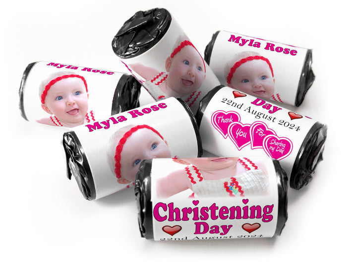 Christening Favours, Personalised Love Heart Sweets with Inner Foil choices - Girl with your image - V0