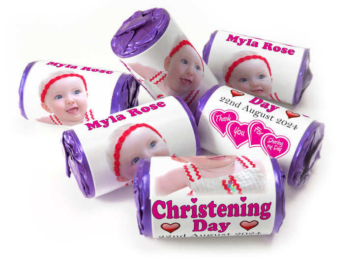 Christening Favours, Personalised Love Heart Sweets with Inner Foil choices - Girl with your image - V0