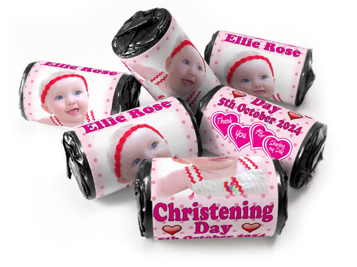 Christening Favours, Personalised Love Heart Sweets with Inner Foil choices - Girl with your image - V1