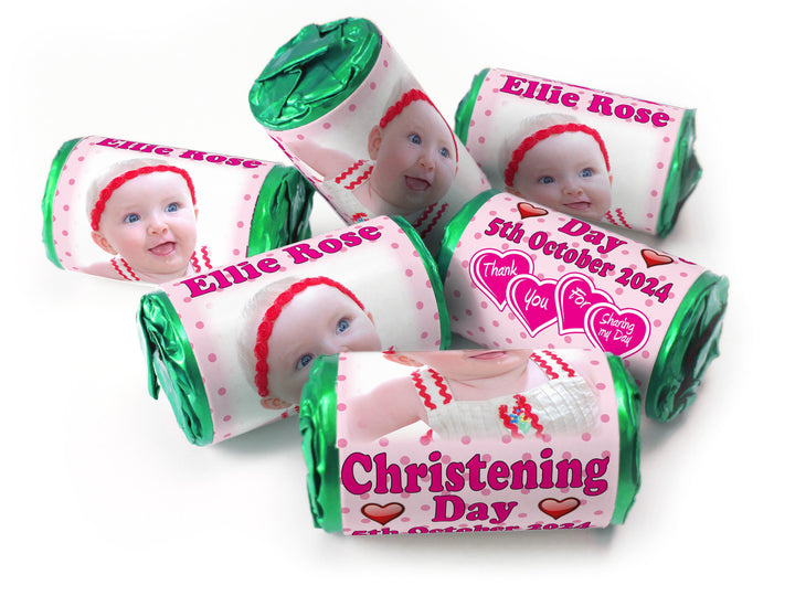 Christening Favours, Personalised Love Heart Sweets with Inner Foil choices - Girl with your image - V1