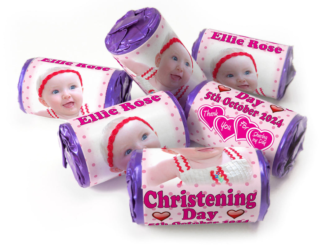 Christening Favours, Personalised Love Heart Sweets with Inner Foil choices - Girl with your image - V1