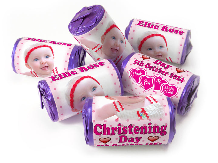 Christening Favours, Personalised Love Heart Sweets with Inner Foil choices - Girl with your image - V1