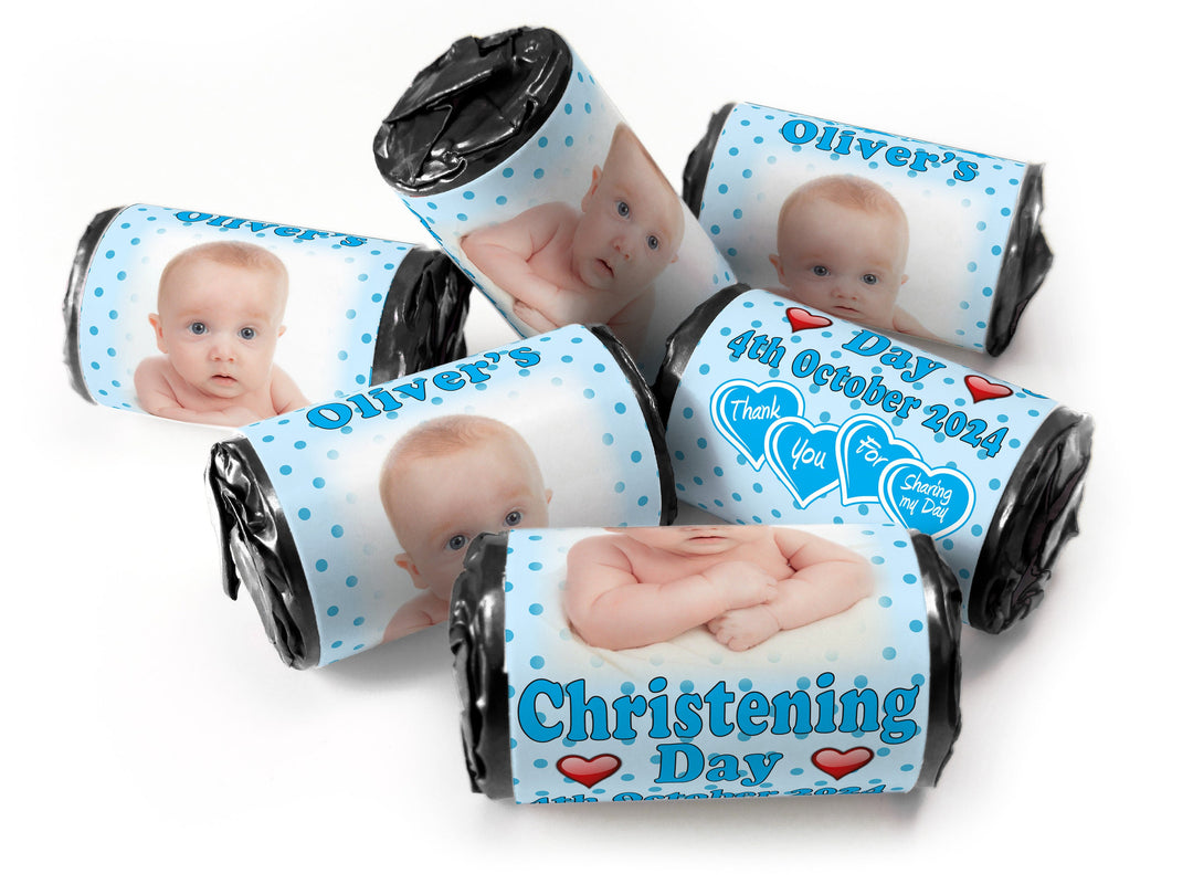 Christening Favours, Personalised Love Heart Sweets with Inner Foil choices - Boy with your image - V1